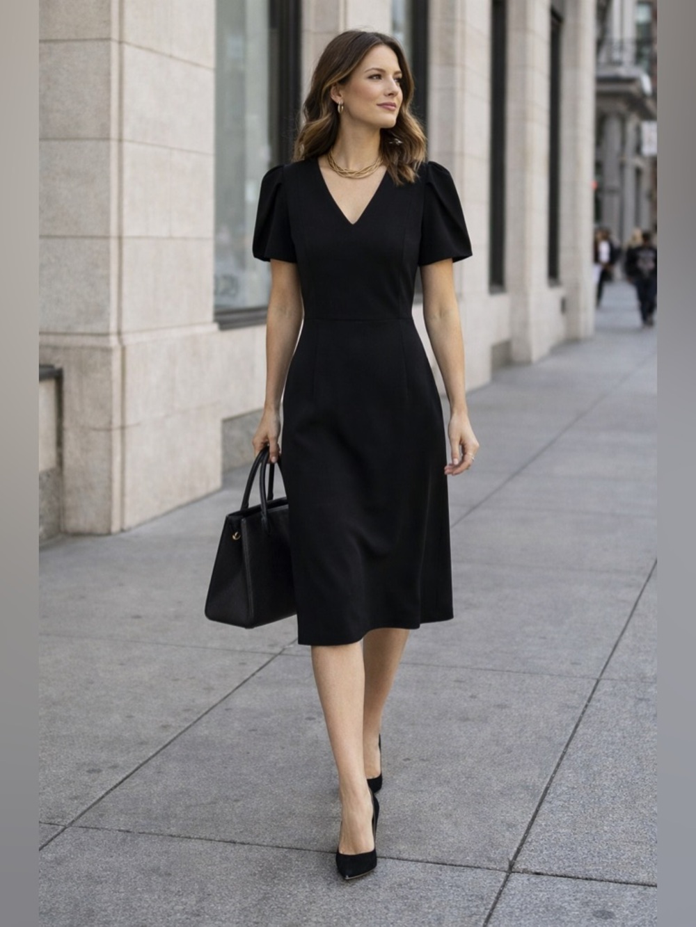 CALVIN KLEIN Women's Black V-neck Short Tulip Sleeve Stretch Midi Dress